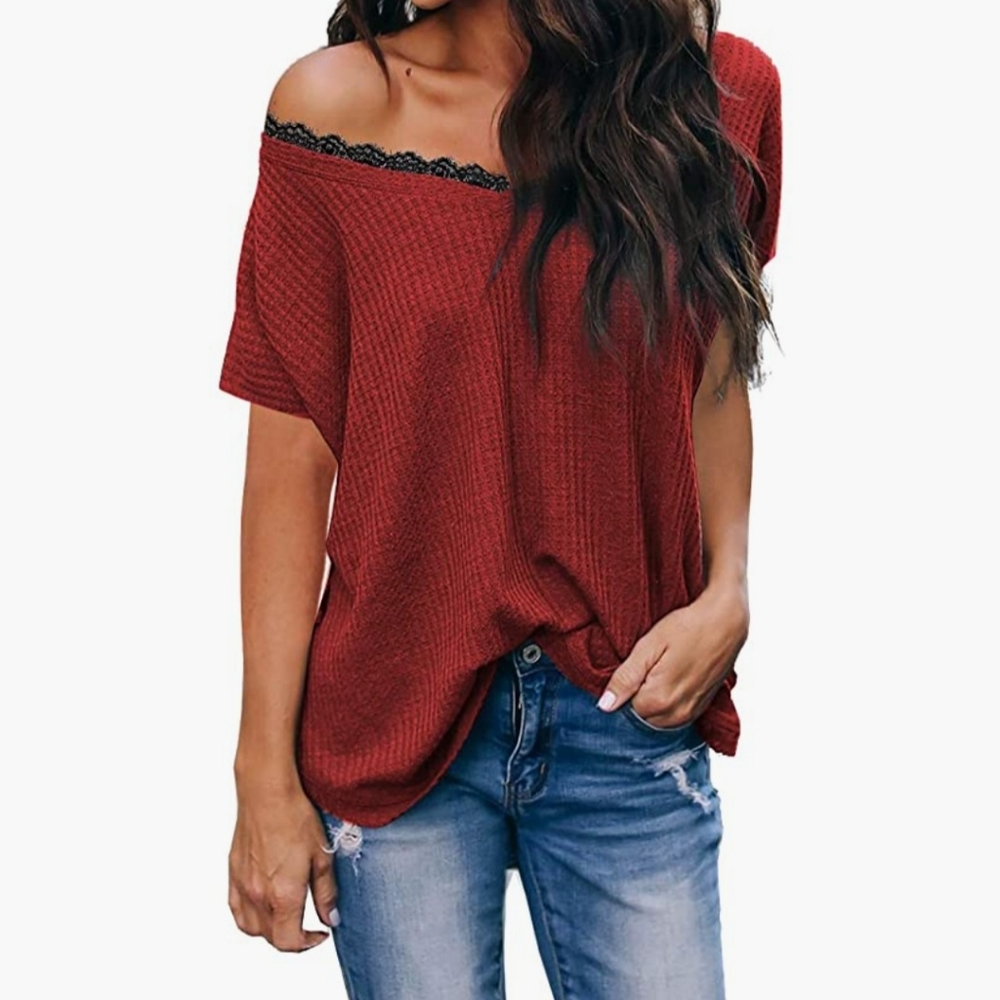 iGENJUN Women's Summer Sexy Lace V-Neck Off-Shoulder Batwing Sleeve Tunic Tops